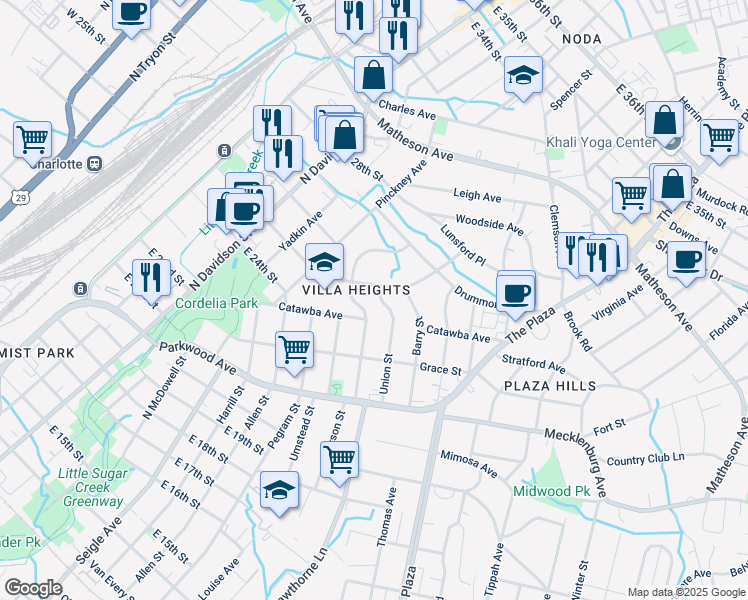 map of restaurants, bars, coffee shops, grocery stores, and more near 2014 Parson Street in Charlotte