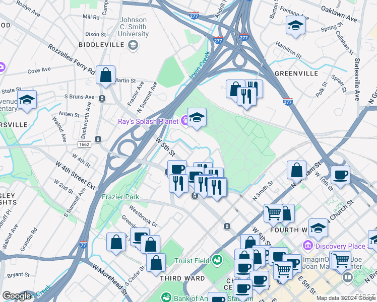 map of restaurants, bars, coffee shops, grocery stores, and more near 253 North Irwin Avenue in Charlotte