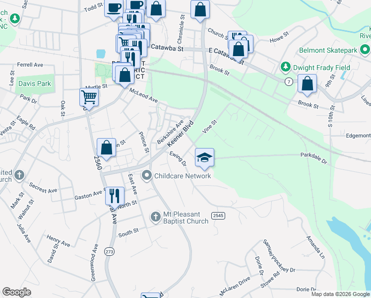 map of restaurants, bars, coffee shops, grocery stores, and more near 91 Vine Street in Belmont