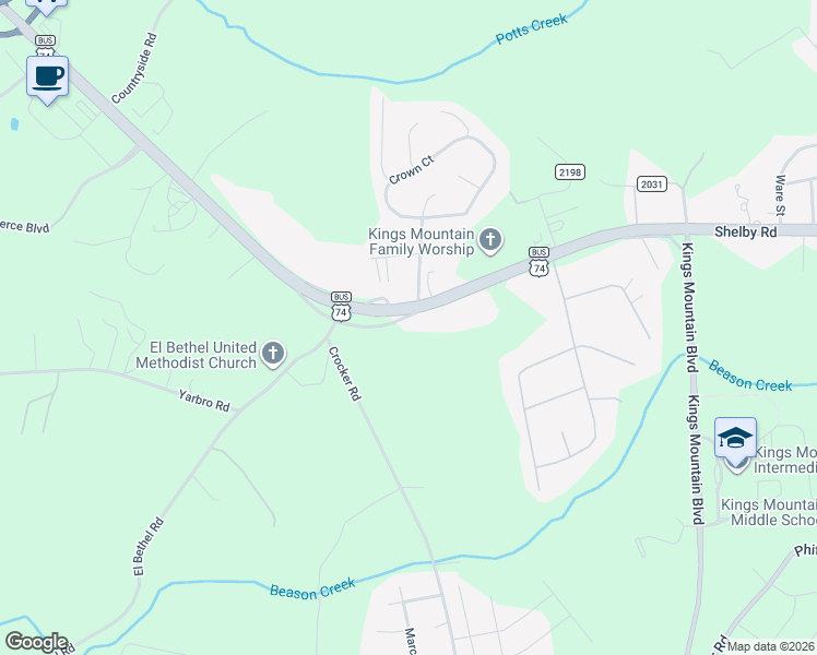 map of restaurants, bars, coffee shops, grocery stores, and more near 1903 Shelby Road in Kings Mountain