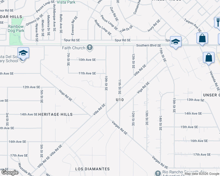 map of restaurants, bars, coffee shops, grocery stores, and more near 1304 10th Street Southeast in Rio Rancho