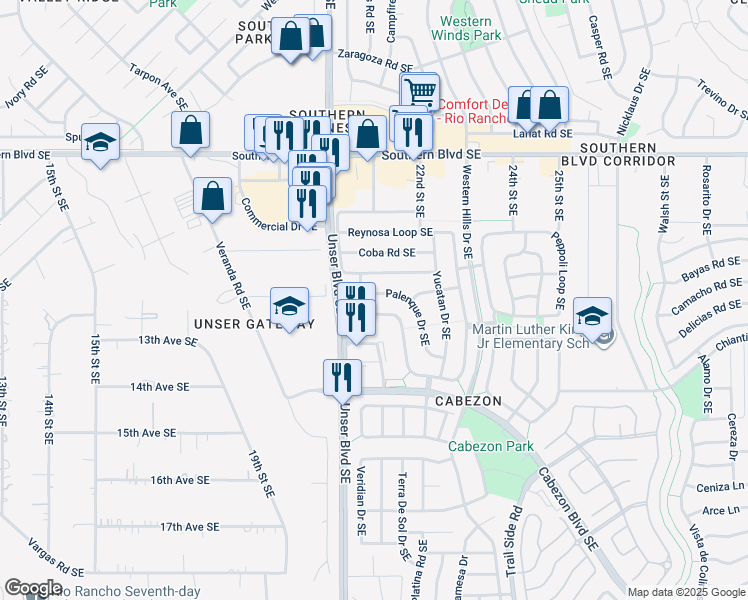 map of restaurants, bars, coffee shops, grocery stores, and more near 2020 Palenque Drive Southeast in Rio Rancho