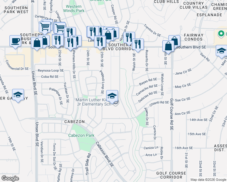 map of restaurants, bars, coffee shops, grocery stores, and more near 1205 26th Street Southeast in Rio Rancho