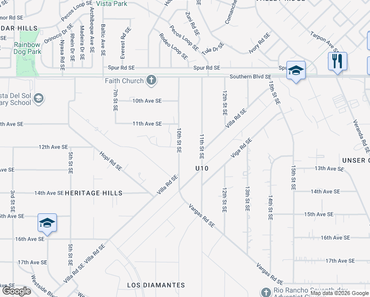 map of restaurants, bars, coffee shops, grocery stores, and more near 1304 10th Street Southeast in Rio Rancho
