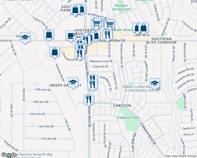 map of restaurants, bars, coffee shops, grocery stores, and more near 2020 Palenque Drive Southeast in Rio Rancho