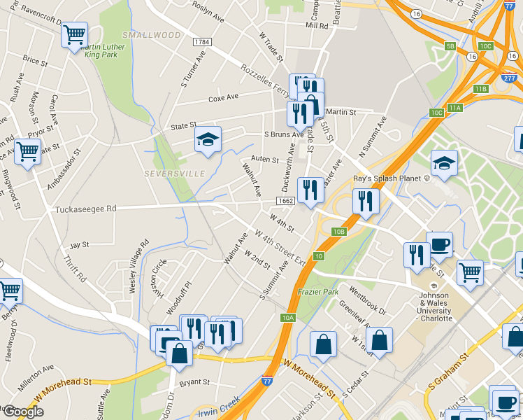 map of restaurants, bars, coffee shops, grocery stores, and more near W 4th St & Walnut Ave in Charlotte