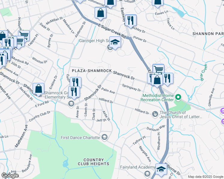 map of restaurants, bars, coffee shops, grocery stores, and more near 2641 Palm Avenue in Charlotte