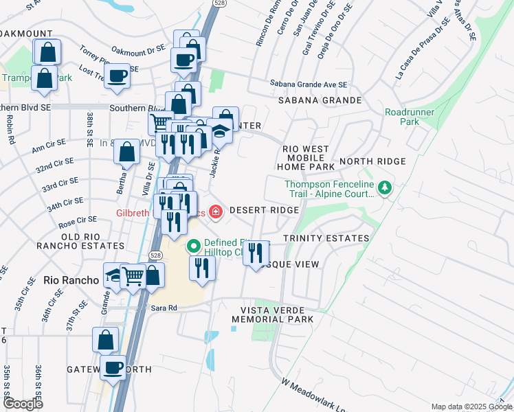 map of restaurants, bars, coffee shops, grocery stores, and more near 1325 Stephanie Road Southeast in Rio Rancho