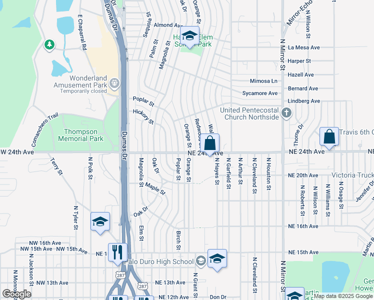 map of restaurants, bars, coffee shops, grocery stores, and more near 2401 Orange Street in Amarillo