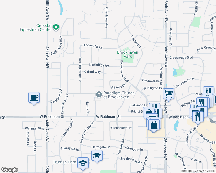 map of restaurants, bars, coffee shops, grocery stores, and more near 3966 Waverly Dr in Norman