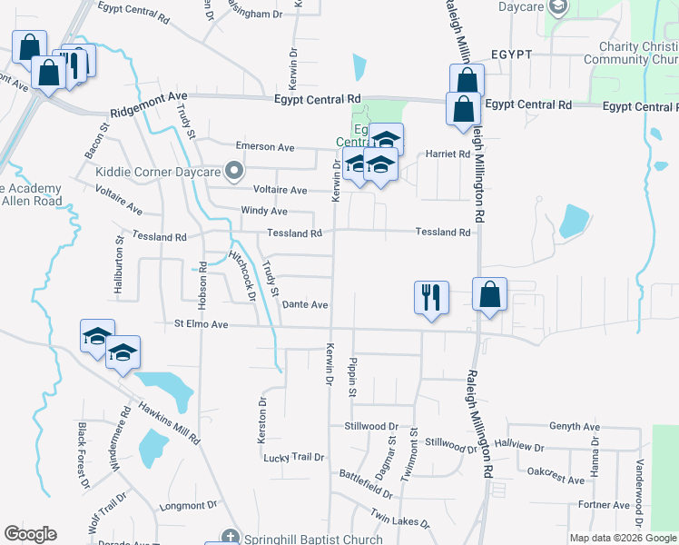map of restaurants, bars, coffee shops, grocery stores, and more near 4062 Kerwin Drive in Memphis