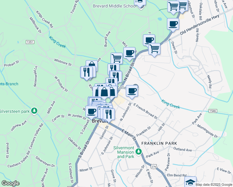 map of restaurants, bars, coffee shops, grocery stores, and more near N Broad St & E French Broad St in Brevard