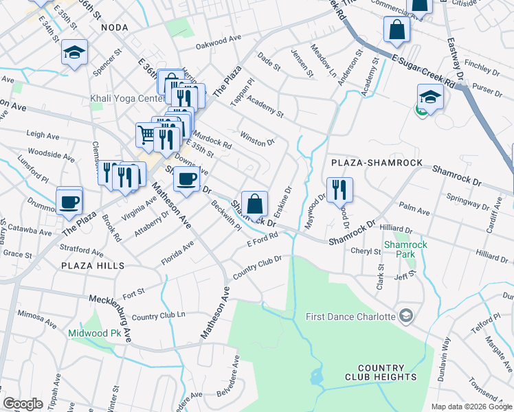 map of restaurants, bars, coffee shops, grocery stores, and more near 1532 Downs Avenue in Charlotte