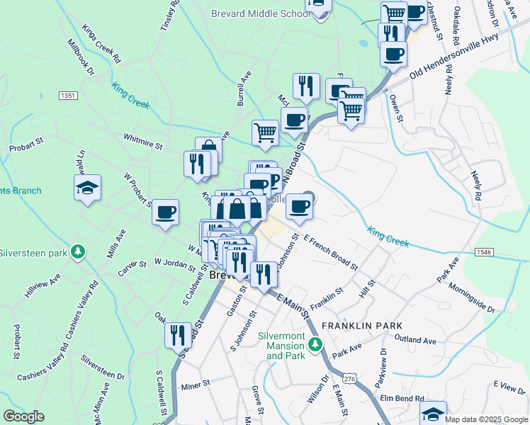 map of restaurants, bars, coffee shops, grocery stores, and more near N Broad St & E French Broad St in Brevard