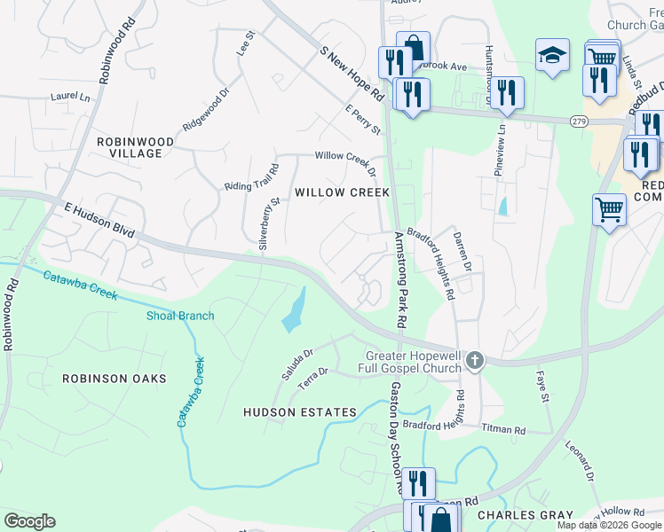 map of restaurants, bars, coffee shops, grocery stores, and more near 1054 Black Oak Drive in Gastonia