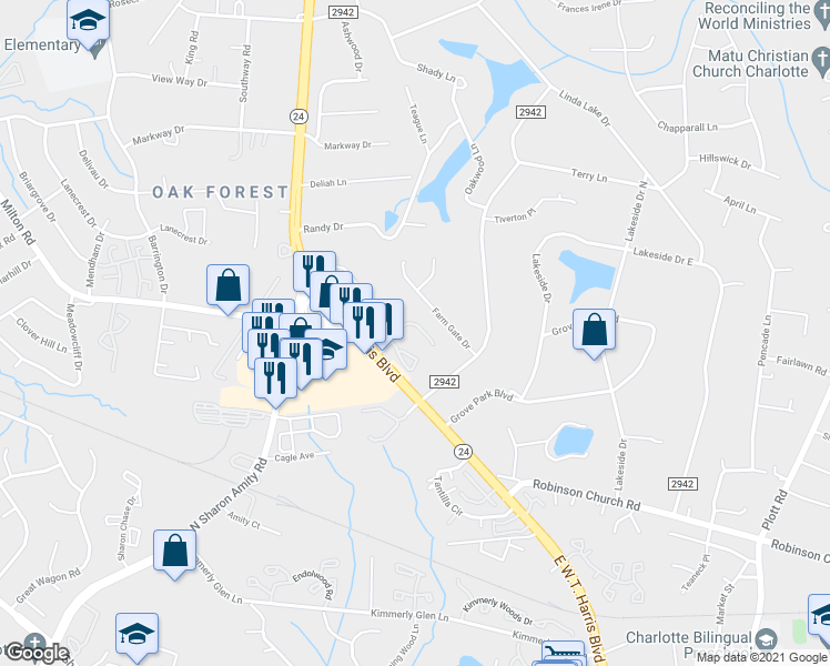 map of restaurants, bars, coffee shops, grocery stores, and more near 6242 Rosecroft Drive in Charlotte