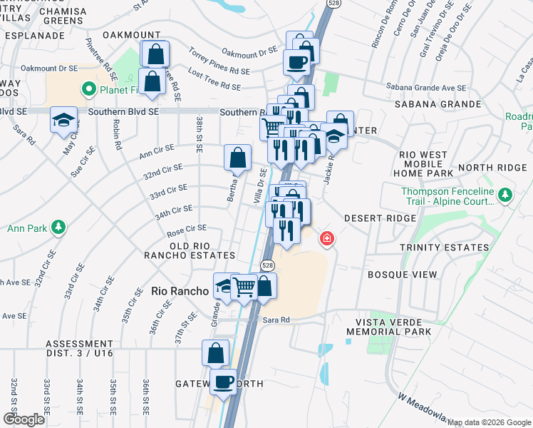 map of restaurants, bars, coffee shops, grocery stores, and more near 1301 Rio Rancho Drive Southeast in Rio Rancho