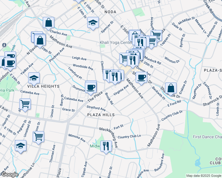 map of restaurants, bars, coffee shops, grocery stores, and more near 2814 The Plaza in Charlotte
