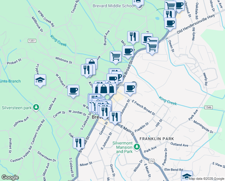 map of restaurants, bars, coffee shops, grocery stores, and more near 29 West French Broad Street in Brevard