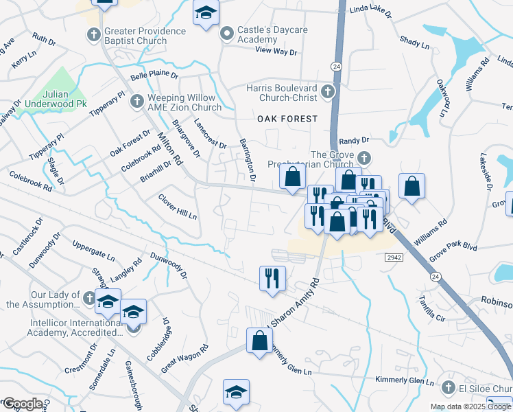 map of restaurants, bars, coffee shops, grocery stores, and more near 7127 Barrington Drive in Charlotte