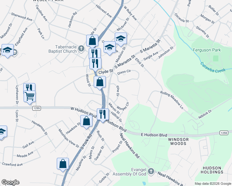map of restaurants, bars, coffee shops, grocery stores, and more near 2037 Pine Drive in Gastonia