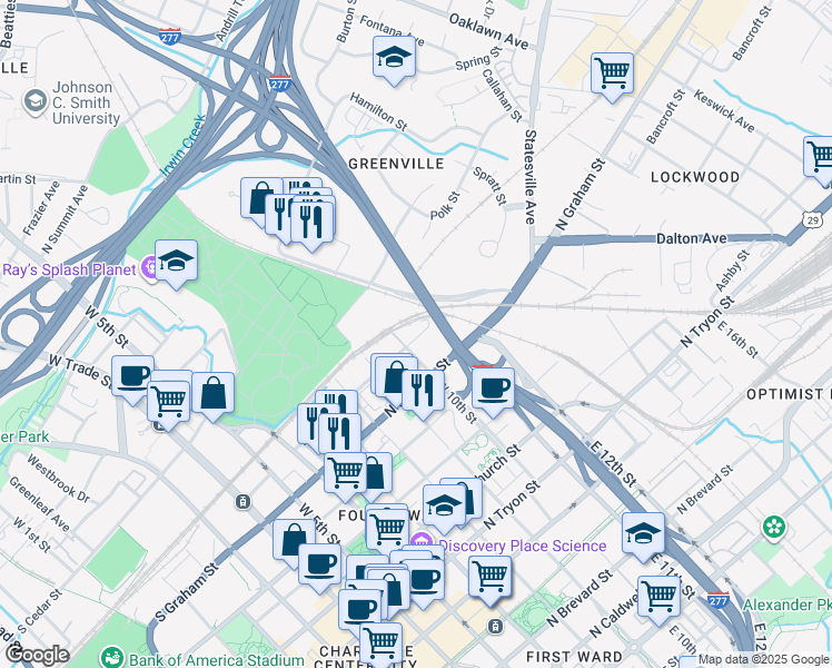 map of restaurants, bars, coffee shops, grocery stores, and more near 701 North Smith Street in Charlotte