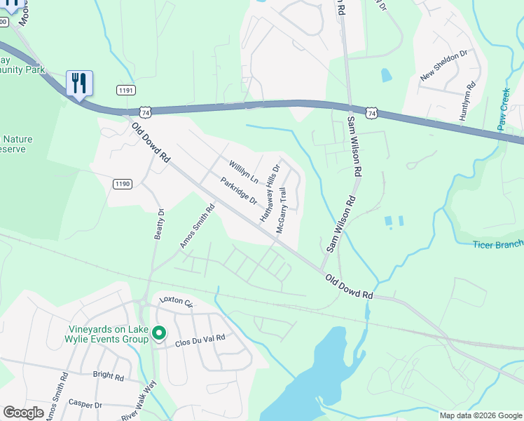 map of restaurants, bars, coffee shops, grocery stores, and more near 9513 Parkridge Drive in Charlotte