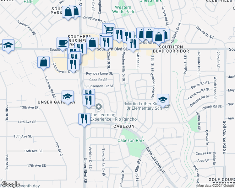 map of restaurants, bars, coffee shops, grocery stores, and more near 1404 Yucatan Drive Southeast in Rio Rancho