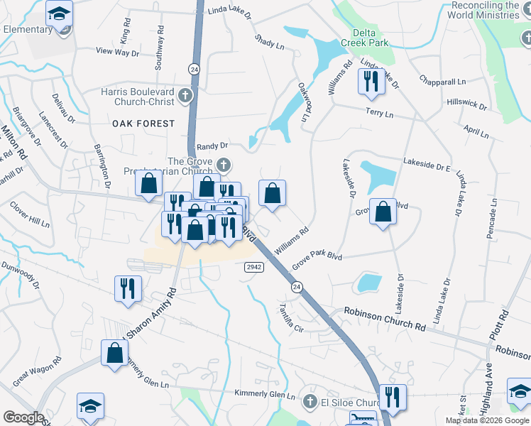 map of restaurants, bars, coffee shops, grocery stores, and more near 6234 Rosecroft Drive in Charlotte