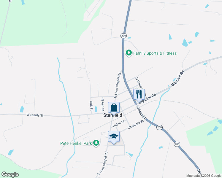 map of restaurants, bars, coffee shops, grocery stores, and more near 203 North Love Chapel Road in Stanfield