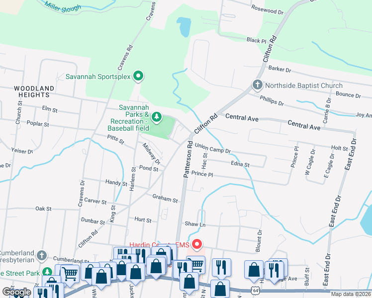map of restaurants, bars, coffee shops, grocery stores, and more near 710 Clifton Road in Savannah