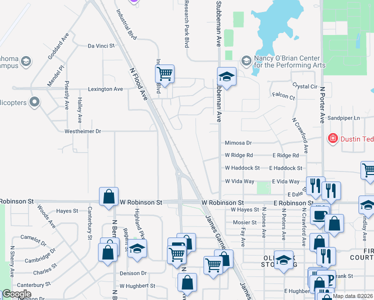map of restaurants, bars, coffee shops, grocery stores, and more near 1301-1799 North Flood Avenue in Norman