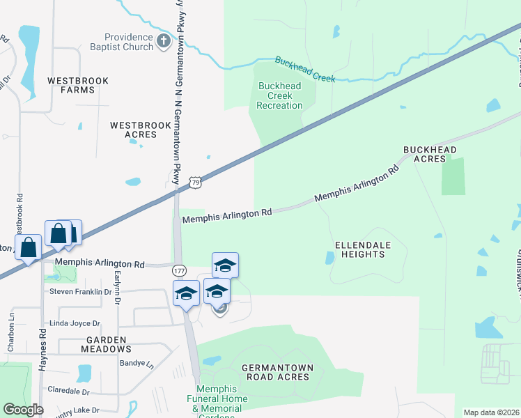 map of restaurants, bars, coffee shops, grocery stores, and more near 8220 Memphis Arlington Road in Memphis