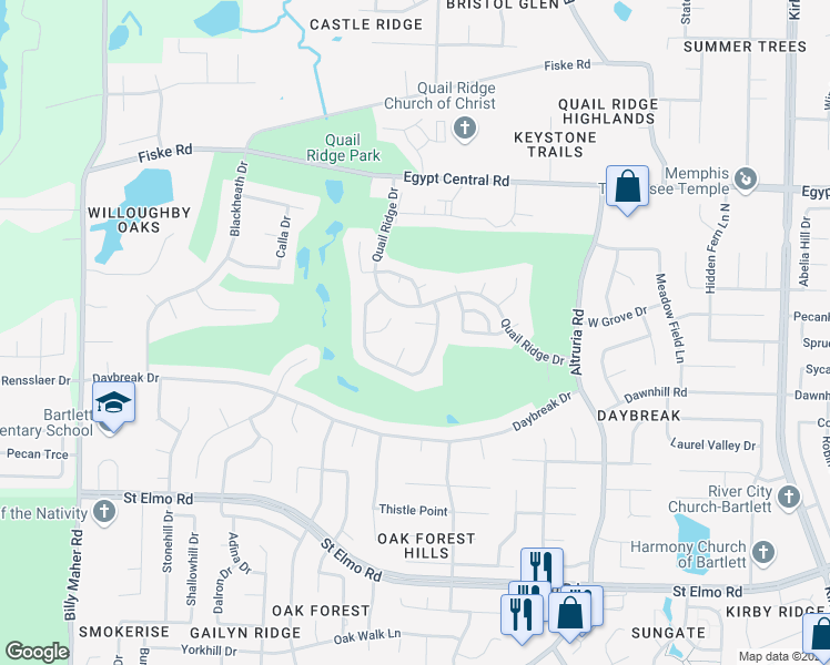 map of restaurants, bars, coffee shops, grocery stores, and more near 4055 Fairway View Circle East in Bartlett