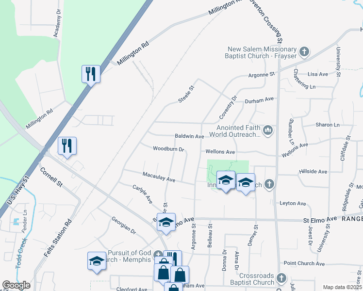 map of restaurants, bars, coffee shops, grocery stores, and more near 1854 Woodburn Drive in Memphis