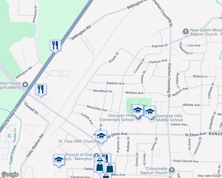 map of restaurants, bars, coffee shops, grocery stores, and more near 1854 Woodburn Drive in Memphis