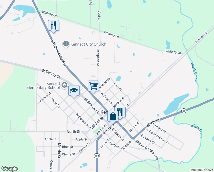 map of restaurants, bars, coffee shops, grocery stores, and more near 306 Northwest 4th Street in Kensett