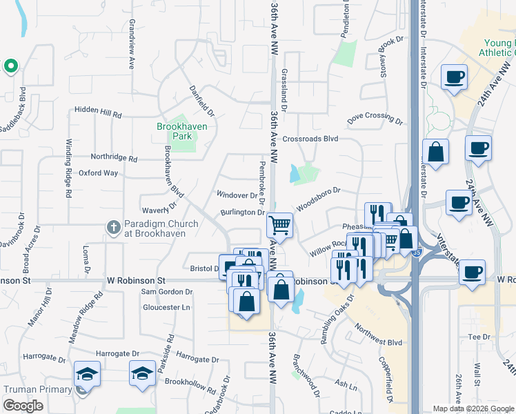 map of restaurants, bars, coffee shops, grocery stores, and more near 3613 Burlington Drive in Norman