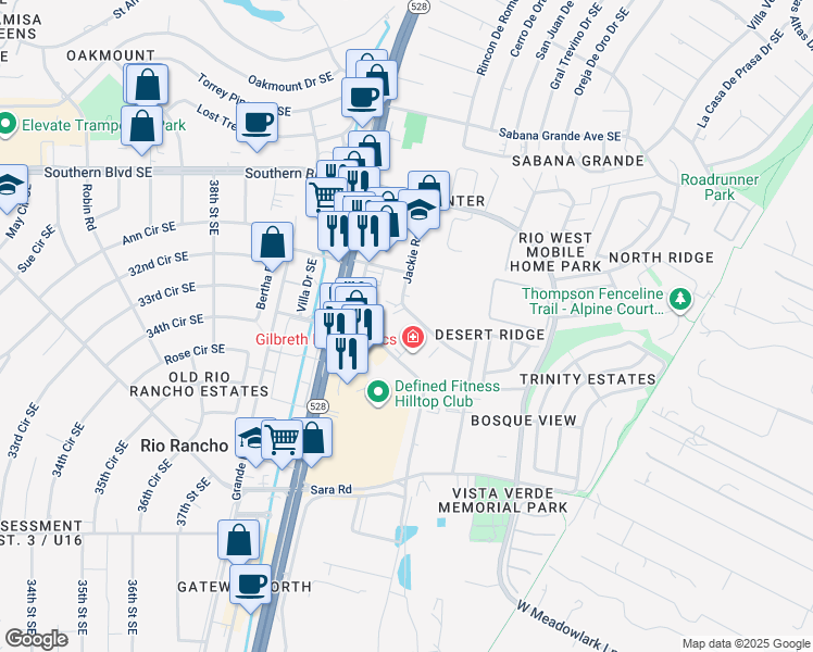 map of restaurants, bars, coffee shops, grocery stores, and more near 4100 Jackie Road Southeast in Rio Rancho