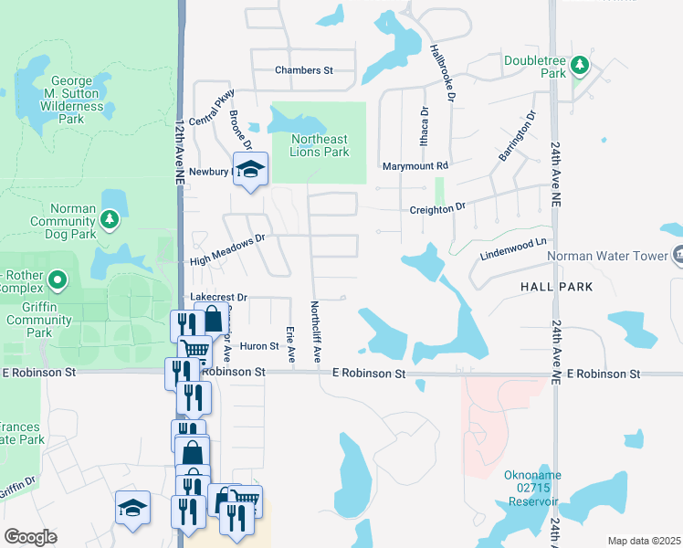 map of restaurants, bars, coffee shops, grocery stores, and more near 1703 Ridgemont Circle in Norman