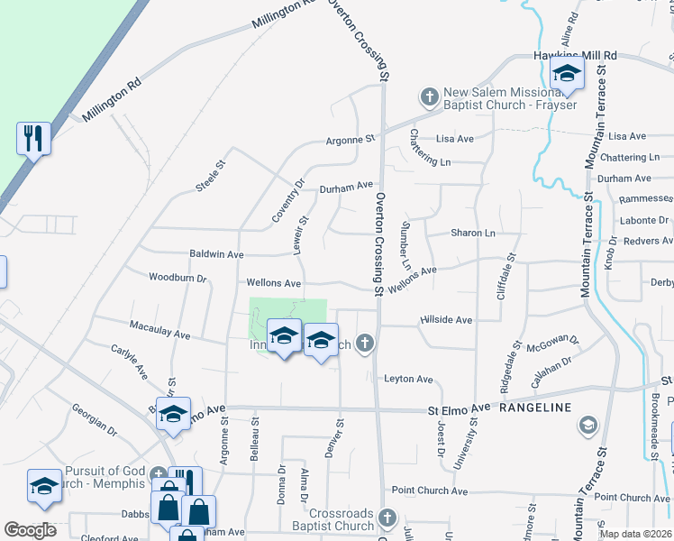 map of restaurants, bars, coffee shops, grocery stores, and more near 2048 Wellons Avenue in Memphis