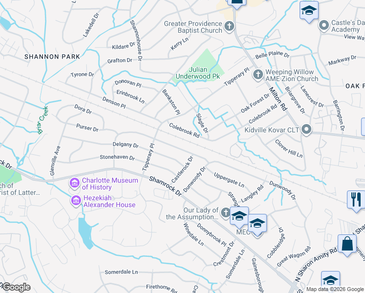 map of restaurants, bars, coffee shops, grocery stores, and more near 4115 Foxford Place in Charlotte