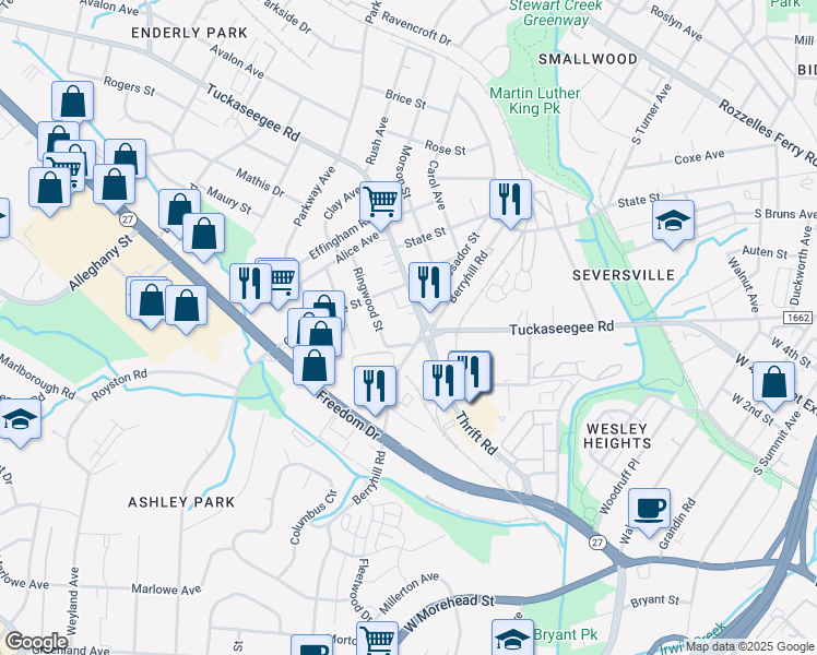 map of restaurants, bars, coffee shops, grocery stores, and more near 2401 Tuckaseegee Road in Charlotte