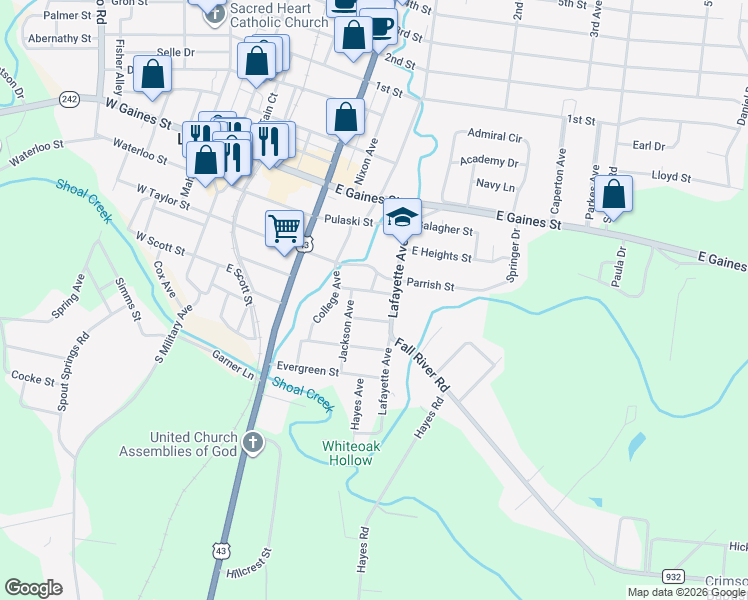 map of restaurants, bars, coffee shops, grocery stores, and more near 439 East Taylor Street in Lawrenceburg