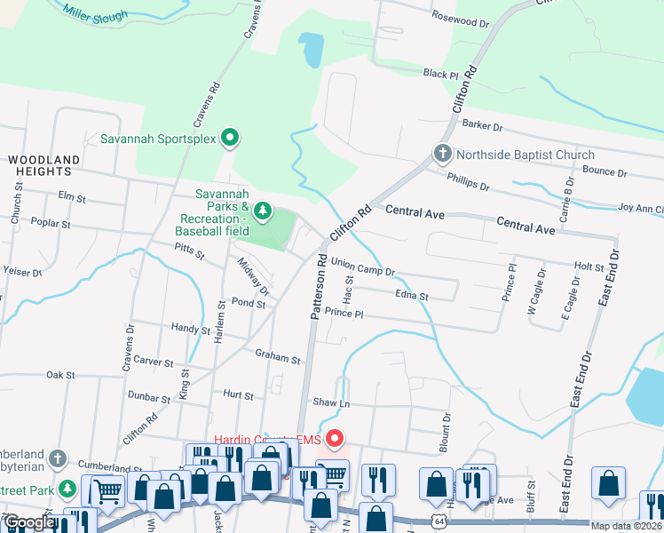 map of restaurants, bars, coffee shops, grocery stores, and more near 650 Patterson Road in Savannah