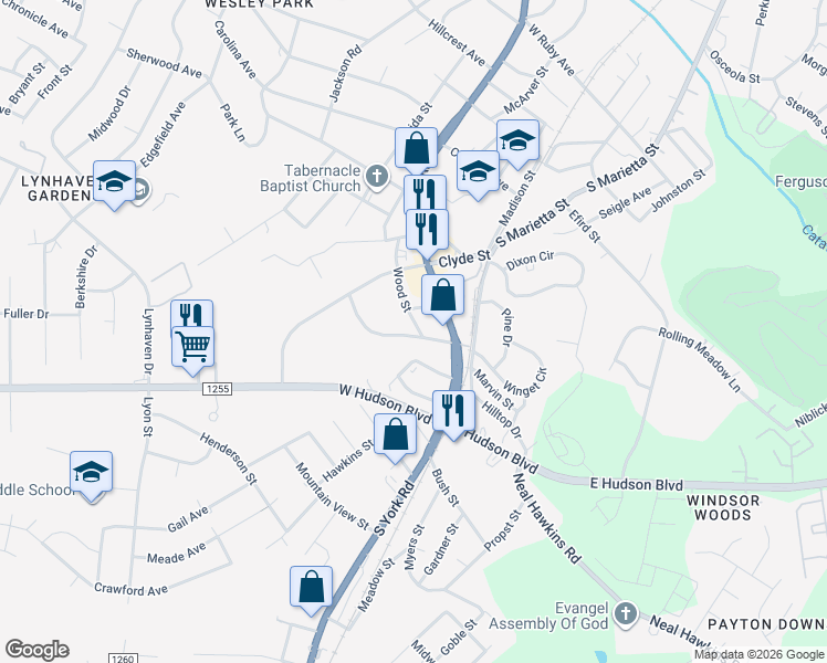 map of restaurants, bars, coffee shops, grocery stores, and more near 2009 Wood Street in Gastonia