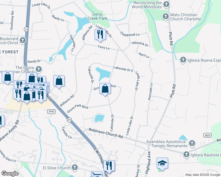 map of restaurants, bars, coffee shops, grocery stores, and more near 7010 Lakeside Drive in Charlotte