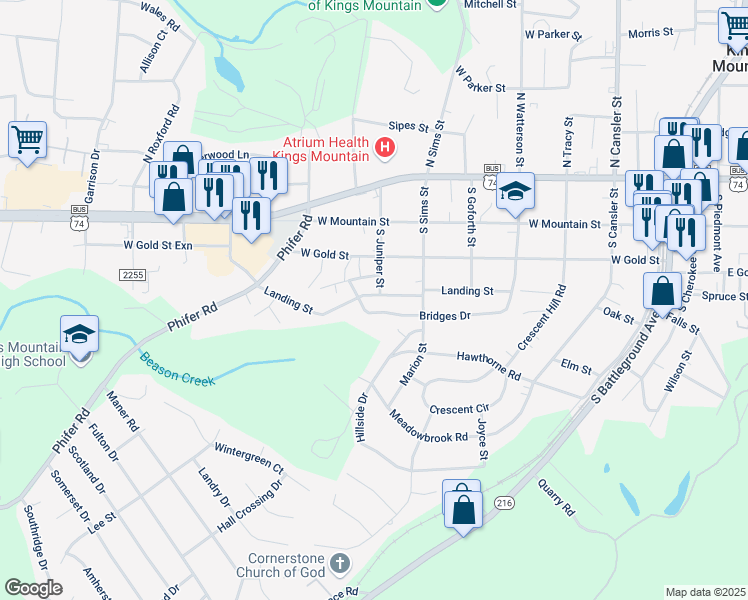 map of restaurants, bars, coffee shops, grocery stores, and more near 712 Bridges Drive in Kings Mountain