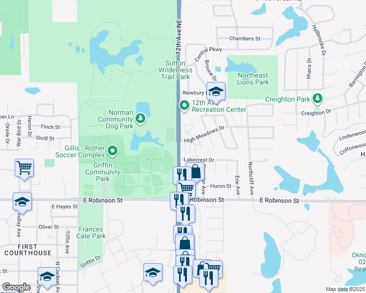map of restaurants, bars, coffee shops, grocery stores, and more near 1200 High Meadows Drive in Norman