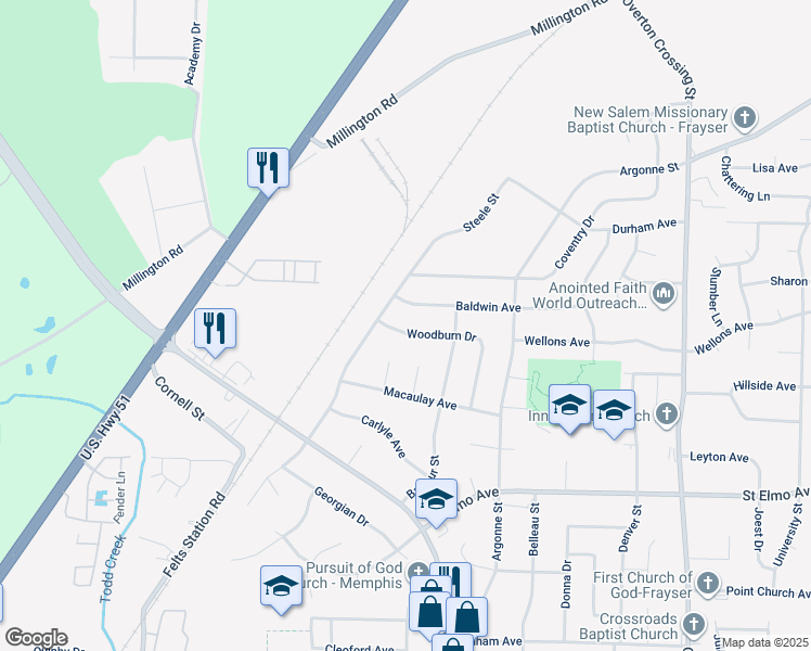 map of restaurants, bars, coffee shops, grocery stores, and more near 1768 Woodburn Drive in Memphis